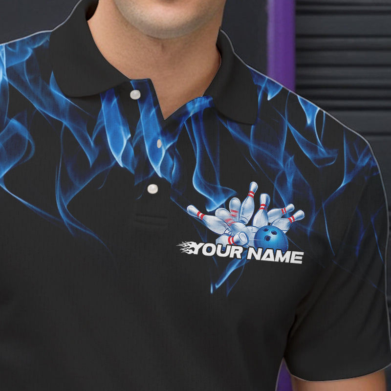 Custom Black And Blue Flame Cobra Snake Bowling Polo Shirts For Men, Bowling Team Uniform IPHW8568