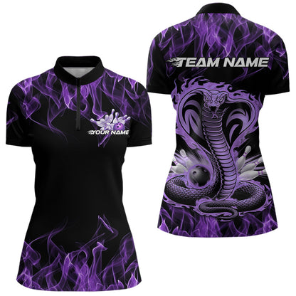 Custom Black And Purple Flame Cobra Snake Bowling Womens Quarter-Zip Shirts, Team Uniform IPHW8569