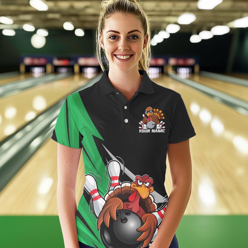 Black And Green Custom Funny Turkey Thanksgiving Bowling Team Polo Shirts For Women IPHW8876
