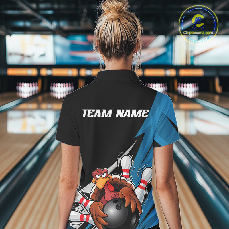 Black And Blue Custom Funny Turkey Thanksgiving Bowling Team Polo Shirts For Women IPHW8878