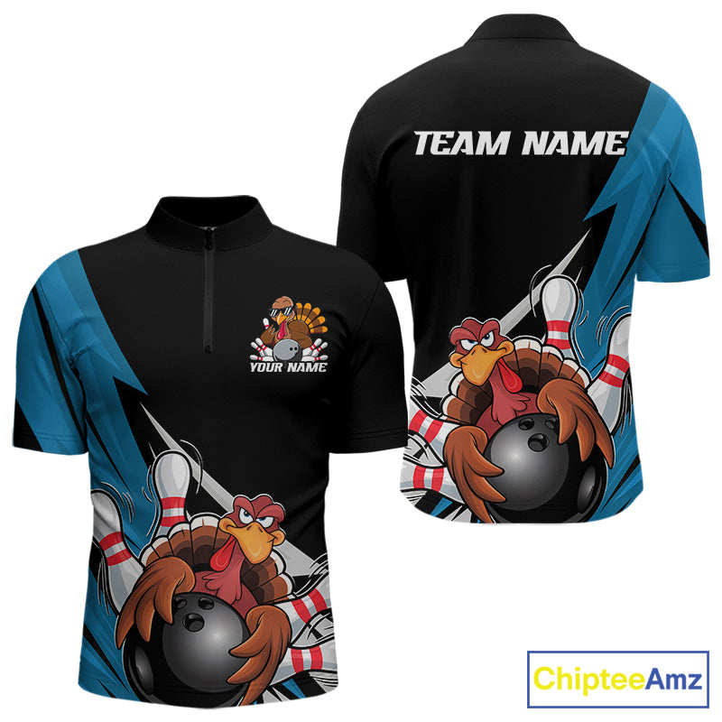 Black And Blue Custom Funny Turkey Thanksgiving Bowling Team Quarter-Zip Shirts For Men IPHW8878