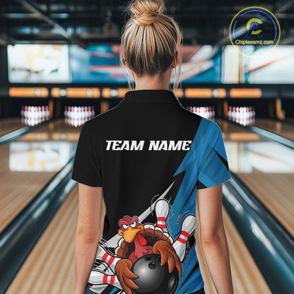 Black And Blue Custom Funny Turkey Thanksgiving Bowling Team Quarter-Zip Shirts For Women IPHW8878