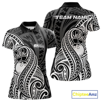 Custom Black And White Maori Style Koru Spiral Tribal Women Bowling Polo Team Shirt IPHW10949