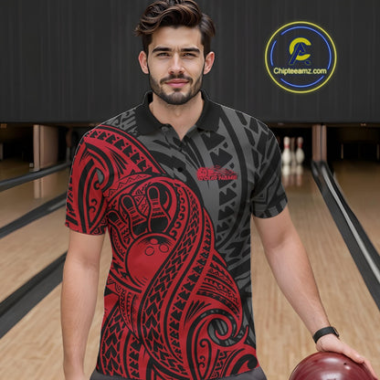 Custom Black And Red Maori Style Koru Spiral Tribal Men Bowling Polo Team Shirt IPHW10950