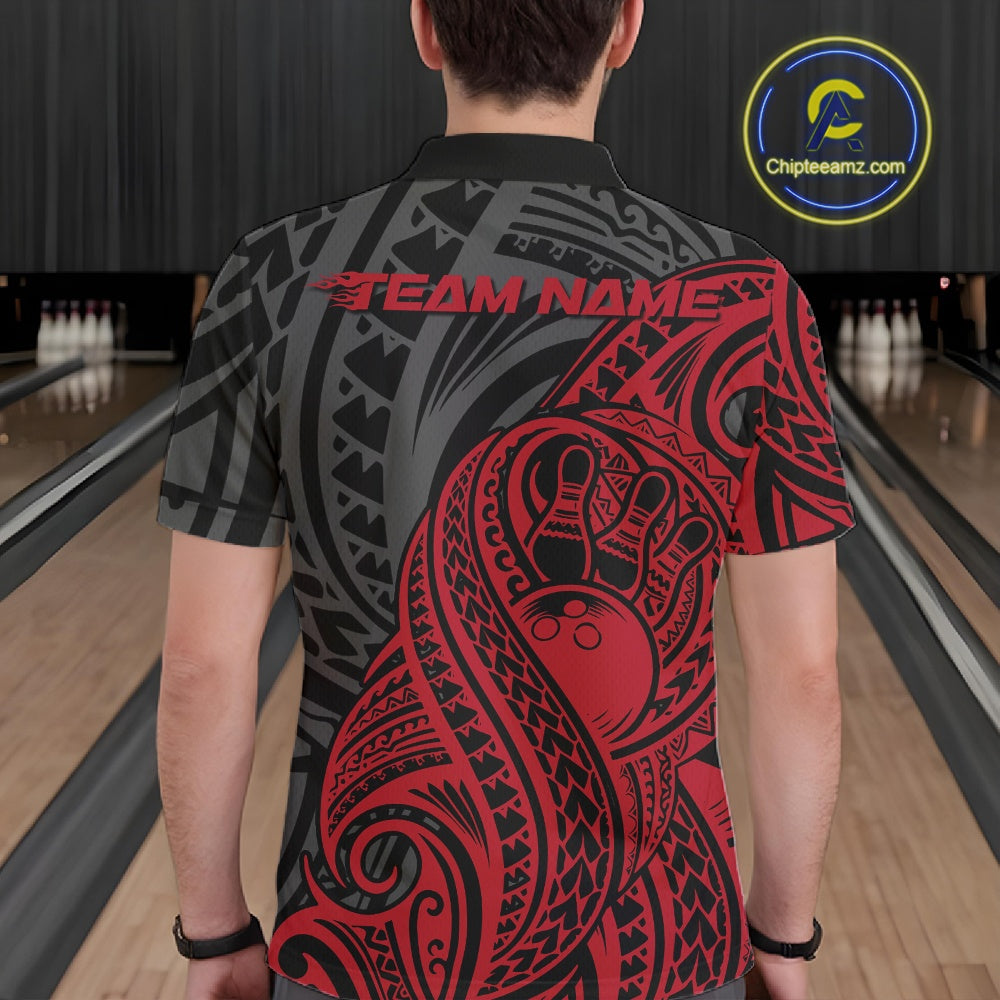 Custom Black And Red Maori Style Koru Spiral Tribal Men Bowling Polo Team Shirt IPHW10950