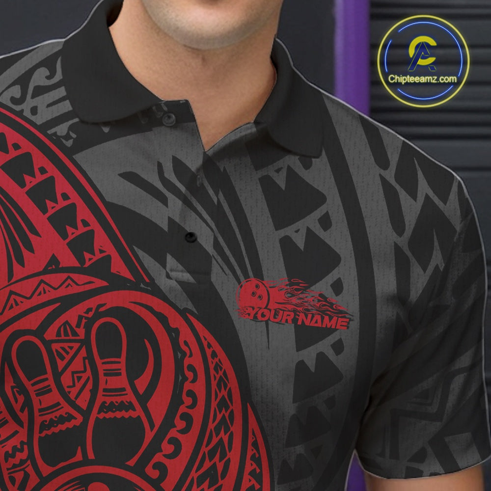 Custom Black And Red Maori Style Koru Spiral Tribal Men Bowling Polo Team Shirt IPHW10950