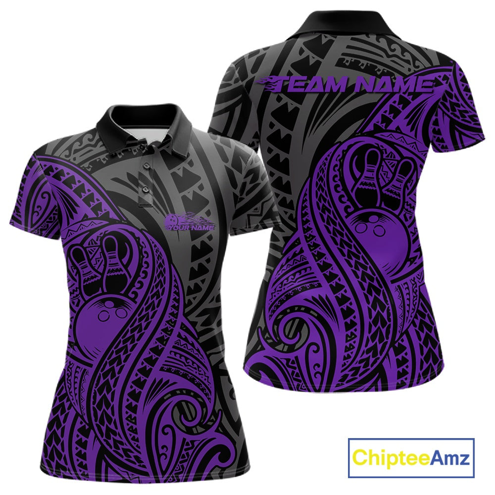 Custom Black And Purple Maori Style Koru Spiral Tribal Women Bowling Polo Team Shirt IPHW10951