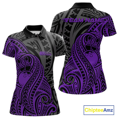 Custom Black And Purple Maori Style Koru Spiral Tribal Women Bowling Polo Team Shirt IPHW10951