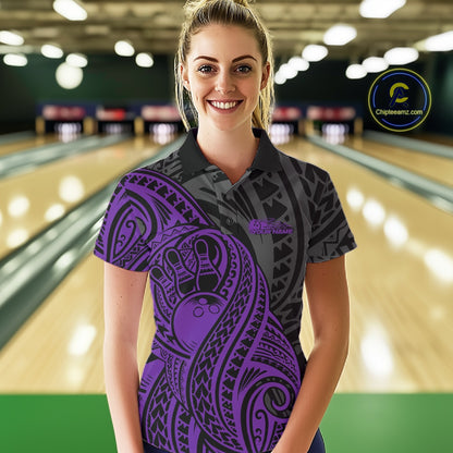 Custom Black And Purple Maori Style Koru Spiral Tribal Women Bowling Polo Team Shirt IPHW10951