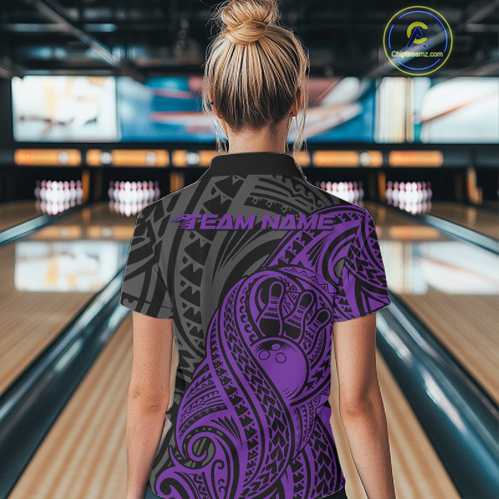 Custom Black And Purple Maori Style Koru Spiral Tribal Women Bowling Polo Team Shirt IPHW10951