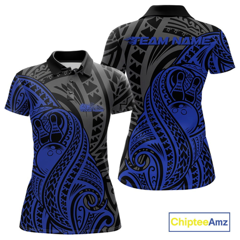 Custom Black And Blue Maori Style Koru Spiral Tribal Women Bowling Polo Team Shirt IPHW10952