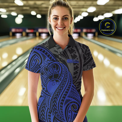 Custom Black And Blue Maori Style Koru Spiral Tribal Women Bowling Polo Team Shirt IPHW10952