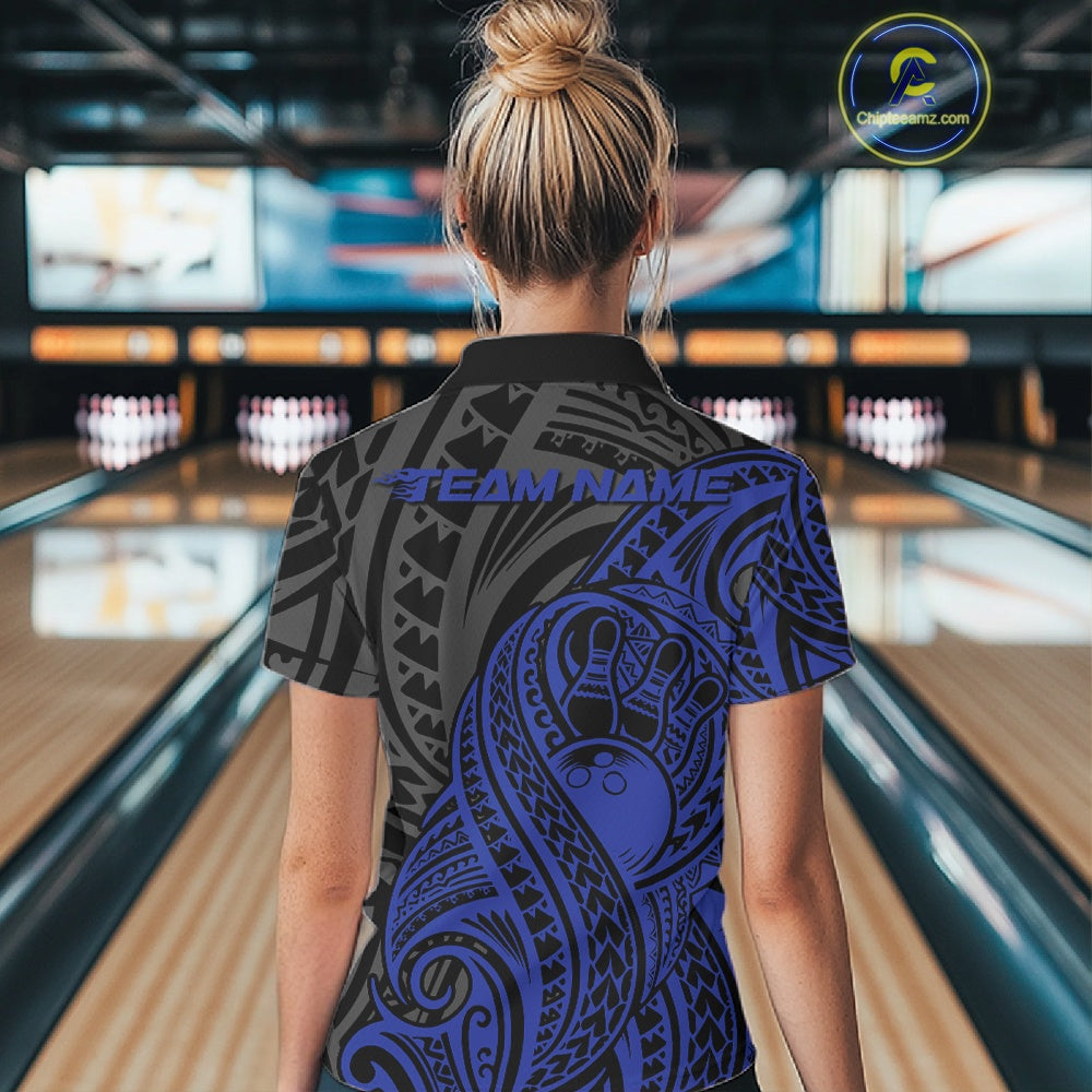 Custom Black And Blue Maori Style Koru Spiral Tribal Women Bowling Polo Team Shirt IPHW10952