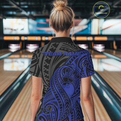 Custom Black And Blue Maori Style Koru Spiral Tribal Women Bowling Polo Team Shirt IPHW10952