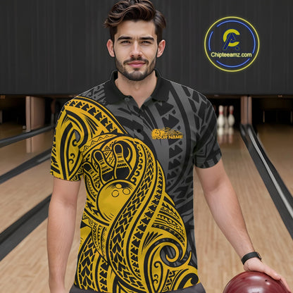 Custom Black And Yellow Maori Style Koru Spiral Tribal Men Bowling Polo Team Shirt IPHW10953