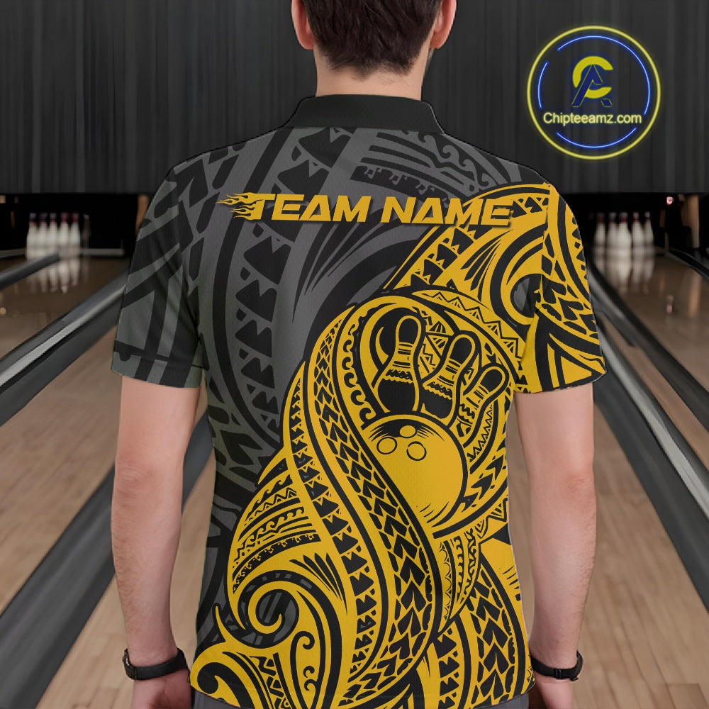 Custom Black And Yellow Maori Style Koru Spiral Tribal Men Bowling Polo Team Shirt IPHW10953