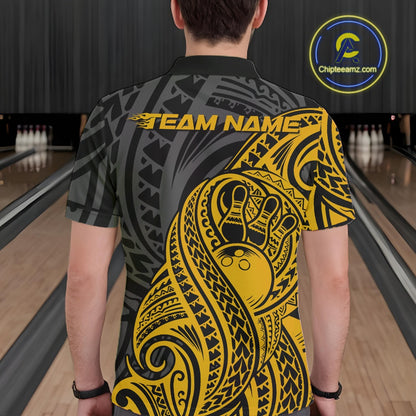 Custom Black And Yellow Maori Style Koru Spiral Tribal Men Bowling Polo Team Shirt IPHW10953