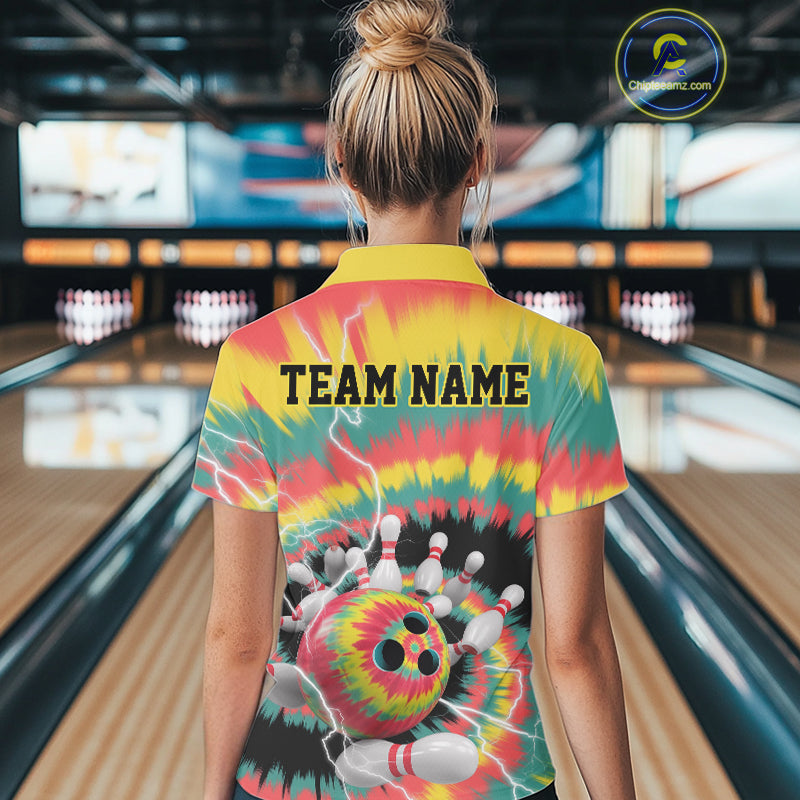 Custom Colorful Tie Dye Bowling Polo Shirts For Women, Rainbow Bowling Outfit IPHW9115