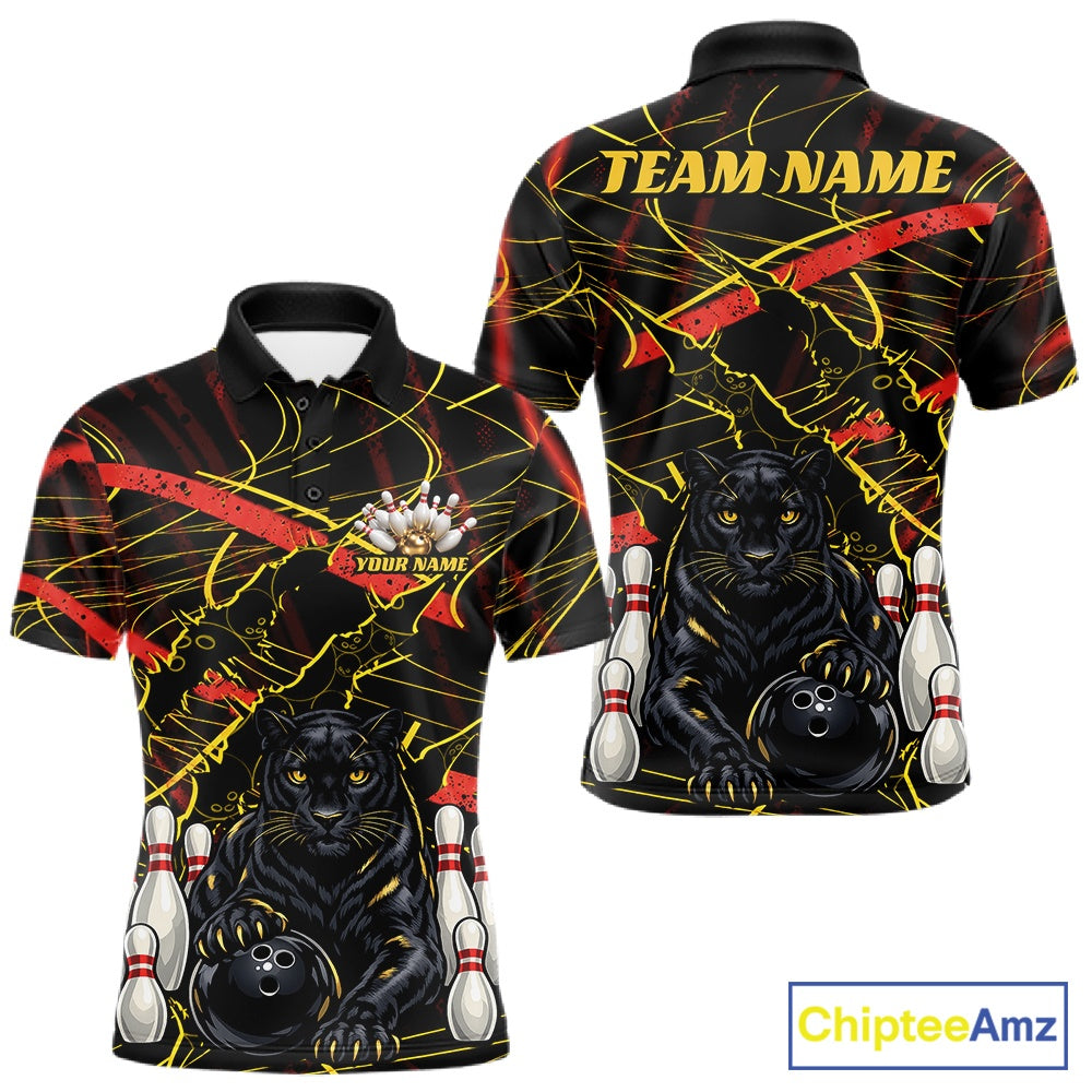 Front and back views of a custom short-sleeve polo shirt featuring a black panther holding a bowling ball with bowling pins and red and yellow paint splatters on a black background. The back view has 'TEAM NAME' printed in yellow at the collar.