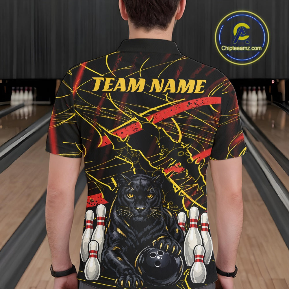 A man viewed from behind wearing a black bowling-themed short-sleeve shirt with a large black panther graphic, bowling pins, bowling ball, red and yellow abstract lines, and the text 'TEAM NAME' across the upper back. Bowling lanes are visible in the background, and a circular 'Chipteeamz.