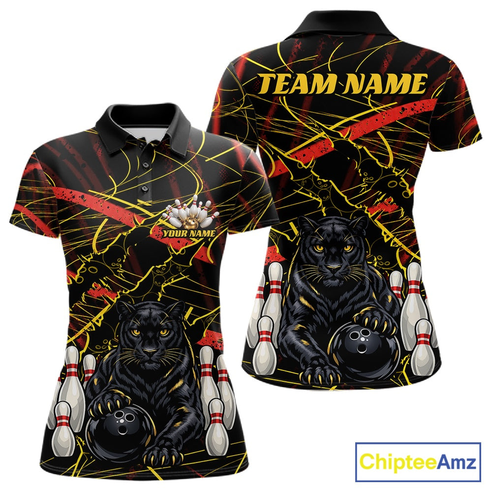 Custom bowling-themed polo shirt shown from both front and back views. The design features a black background with yellow and red paint splatters, a black panther graphic holding a bowling ball, bowling pins, and customizable text placeholders 'TEAM NAME' and 'YOUR NAME'.