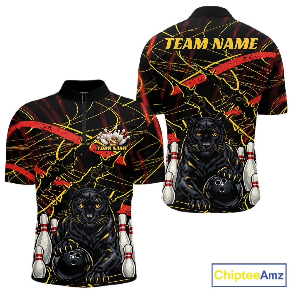 Custom bowling-themed short-sleeve polo shirt shown from both front and back views. The design features a black background with yellow and red abstract lines, a large black panther holding a bowling ball, bowling pins, and customizable text placeholders 'TEAM NAME' and 'YOUR NAME'.