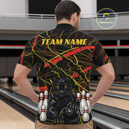 A man viewed from behind wearing a black bowling-themed short-sleeve polo shirt with a graphic print of a black panther, bowling pins, a bowling ball, and yellow/red abstract lines. The shirt has 'TEAM NAME' printed on the back.