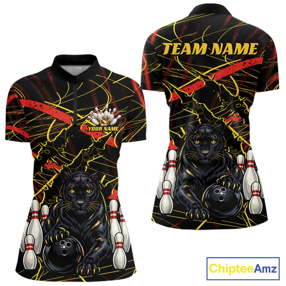 Front and back views of a custom short-sleeve bowling-themed polo shirt on a white background. The shirt features a black background with yellow and red abstract lines, a large black panther graphic holding bowling balls and pins, and customizable text reading 'TEAM NAME' and 'YOUR NAME'.