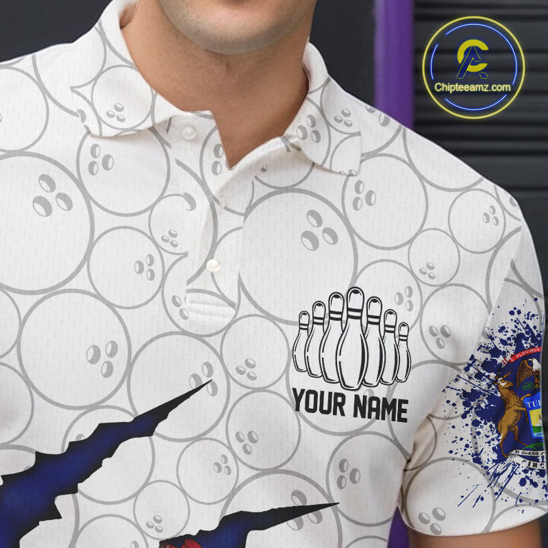 Custom Michigan Flag Bowling Team Polo Shirts For Men, Michigan Bowling League Shirt IPHW9837
