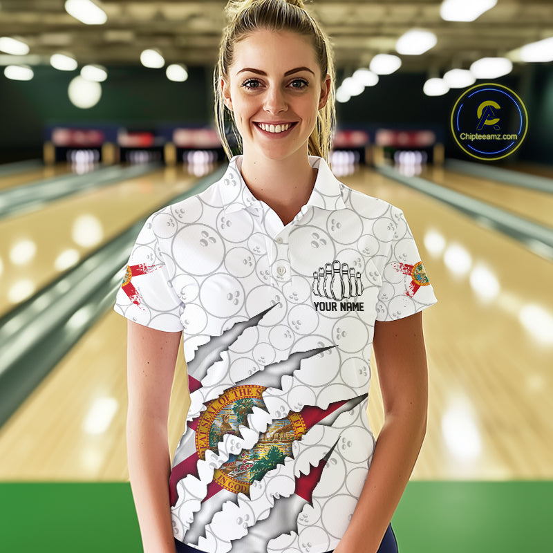 Custom Florida Flag Bowling Team Polo Shirts For Women, Florida Bowling League Shirt IPHW9838