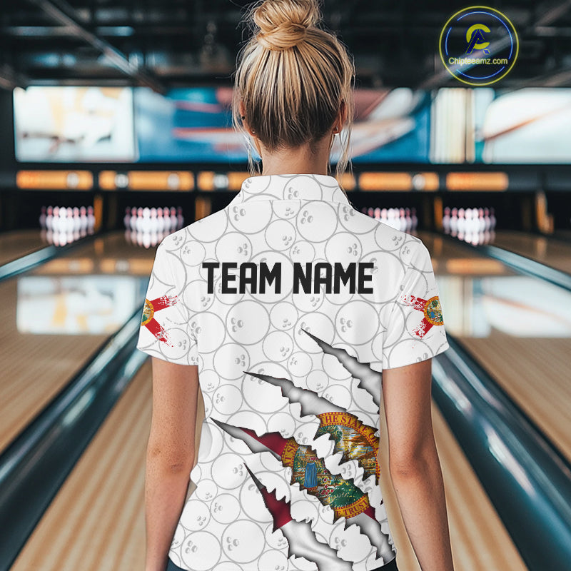 Custom Florida Flag Bowling Team Polo Shirts For Women, Florida Bowling League Shirt IPHW9838
