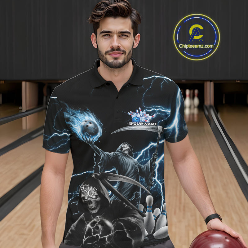 Custom Blue Lightning Grim Reaper Skull Bowling Men Polo Shirt, Halloween Outfit IPHW9848