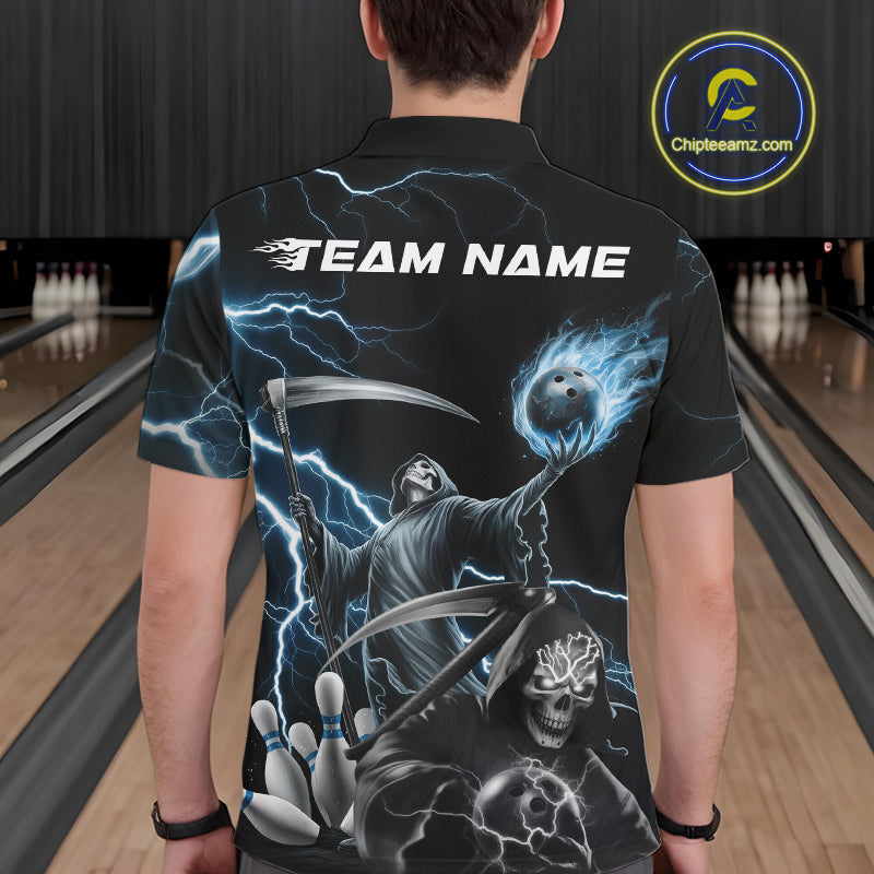 Custom Blue Lightning Grim Reaper Skull Bowling Men Polo Shirt, Halloween Outfit IPHW9848