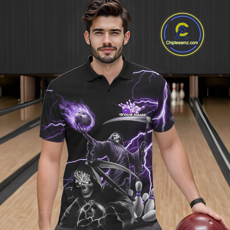 Custom Purple Lightning Grim Reaper Skull Bowling Men Polo Shirt, Halloween Outfit IPHW9849