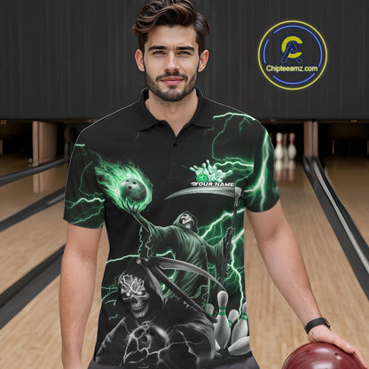 Custom Green Lightning Grim Reaper Skull Bowling Men Polo Shirt, Halloween Outfit IPHW9850