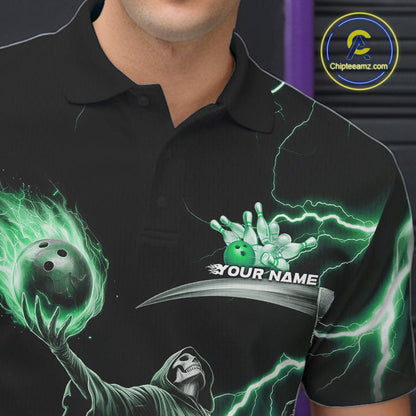 Custom Green Lightning Grim Reaper Skull Bowling Men Polo Shirt, Halloween Outfit IPHW9850