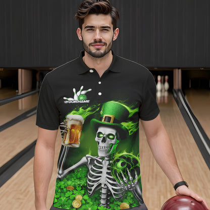 Custom Green St Patricks Day Funny Skull Drink Beer Bowling Polo Shirts For Men IPHW8380