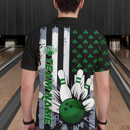 Custom Saint Patricks Bowling Polo Shirts For Men, Shamrock Flag US Bowling Team Shirt IPHW8575