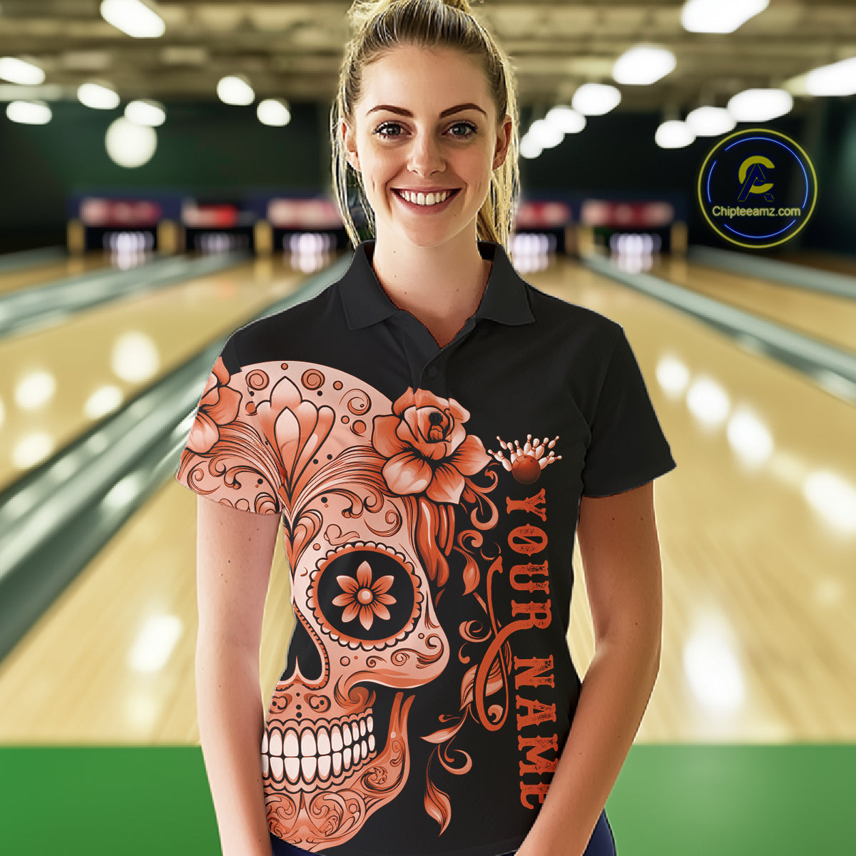 Orange Sugar Skull Tattoo Custom Women Bowling Polo Shirt, Halloween Team Bowling Jerseys IPHW10724
