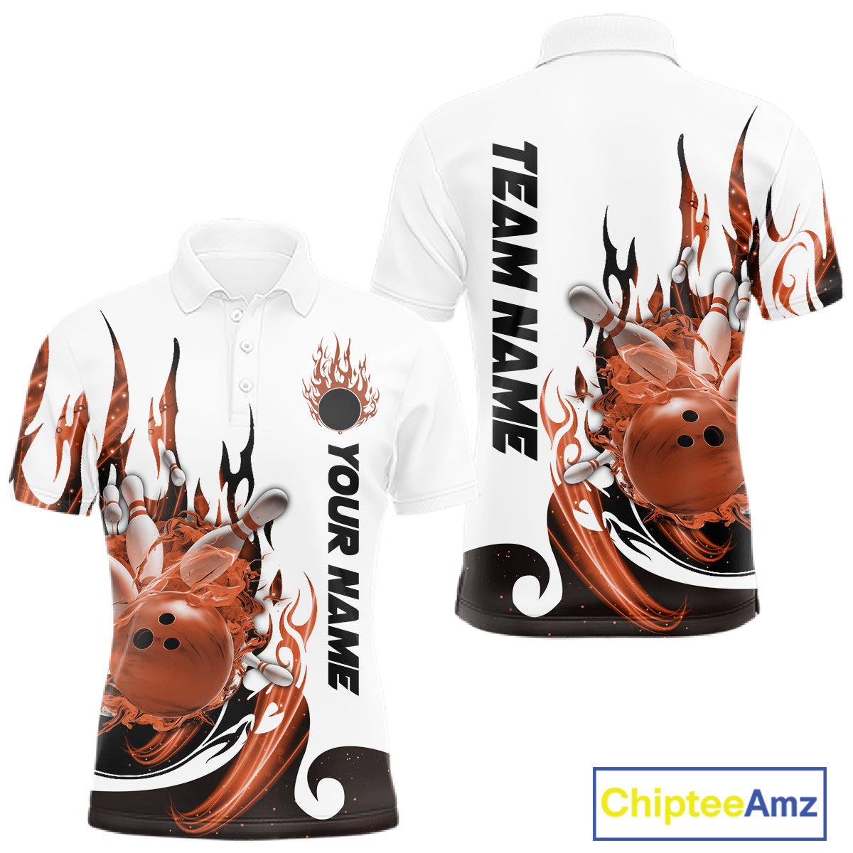 Custom Orange Flame Bowling Team Jerseys, Bowling League Polo Shirt For Men IPHW10729
