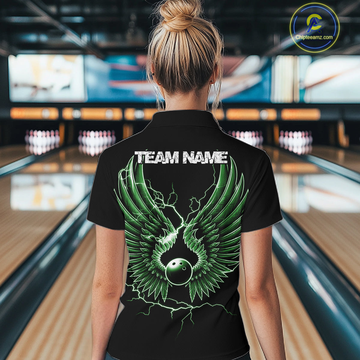 Custom Green Lightning Bowling Ball With Wings Bowling Women Team Shirt, Bowling Jerseys IPHW10730
