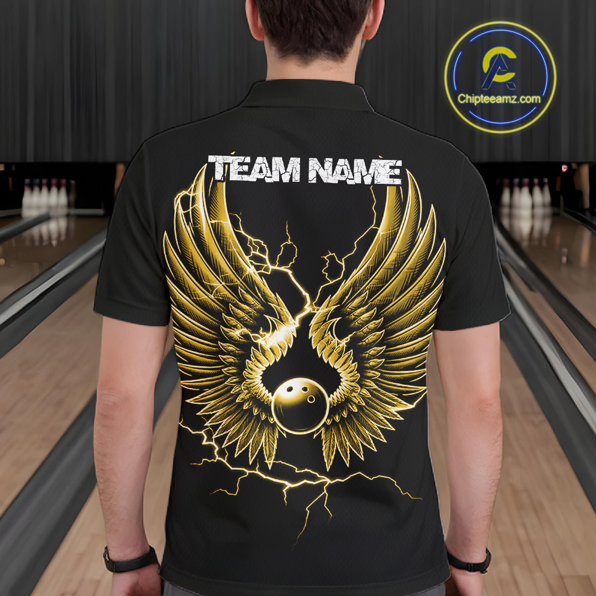 Custom Yellow Lightning Bowling Ball With Wings Bowling Men Team Shirt, Bowling Jerseys IPHW10732