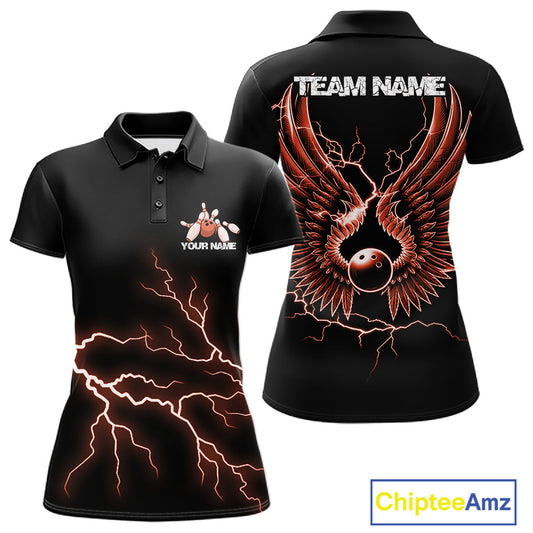 Custom Orange Lightning Bowling Ball With Wings Bowling Women Team Shirt, Bowling Jerseys IPHW10733