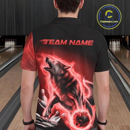 Red Flame Wolf Custom Bowling Team Shirt For Men, Fire Wolf Bowling Jerseys IPHW10735