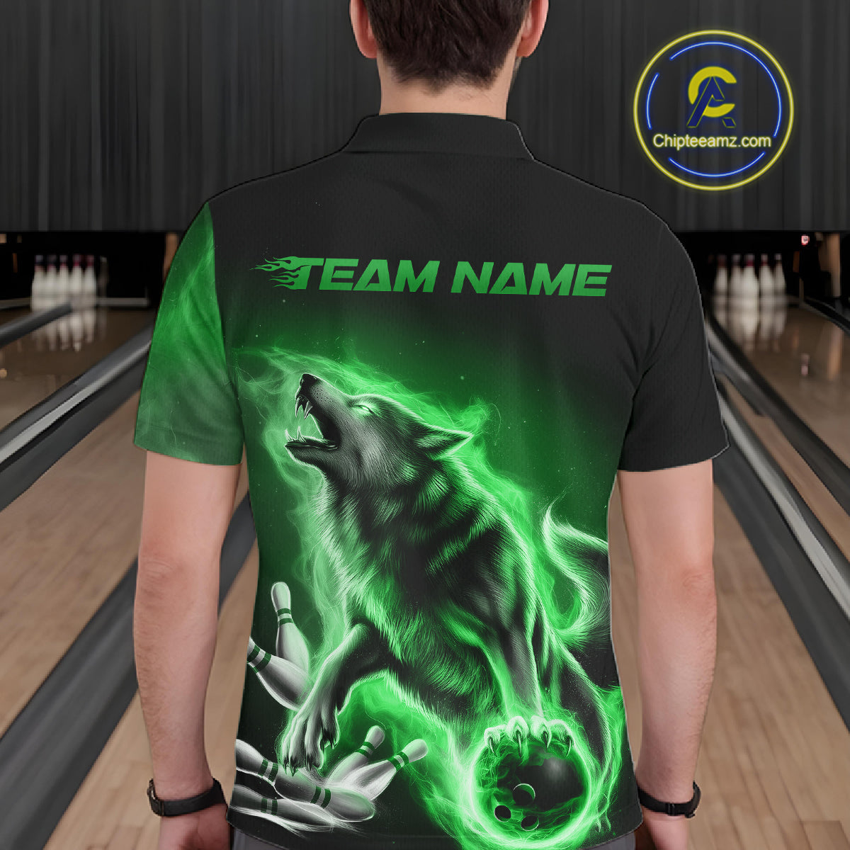 Green Flame Wolf Custom Bowling Team Shirt For Men, Fire Wolf Bowling Jerseys IPHW10736