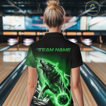 Green Flame Wolf Custom Bowling Team Shirt For Women, Fire Wolf Bowling Jerseys IPHW10736