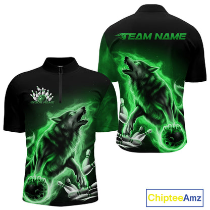 Green Flame Wolf Custom Bowling Team Shirt For Men, Fire Wolf Bowling Jerseys IPHW10736