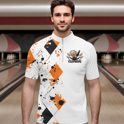 Orange Argyle Pattern Custom Funny Bowling And Beer Team Quarter-Zip Shirts For Men IPHW8890