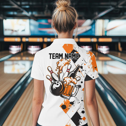Orange Argyle Pattern Custom Funny Bowling And Beer Team Quarter-Zip Shirts For Women IPHW8890