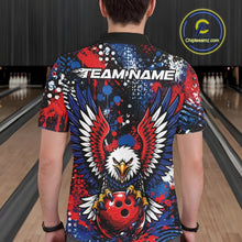 Load image into Gallery viewer, Male model showcasing the back design of a custom red, white, and blue patriotic eagle bowling shirt with a "TEAM NAME" customizable text template in a bowling alley lane.